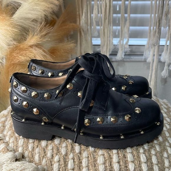 Twin Set Black Leather Gold Studded Low Combat Boots Lace Up Oxfords